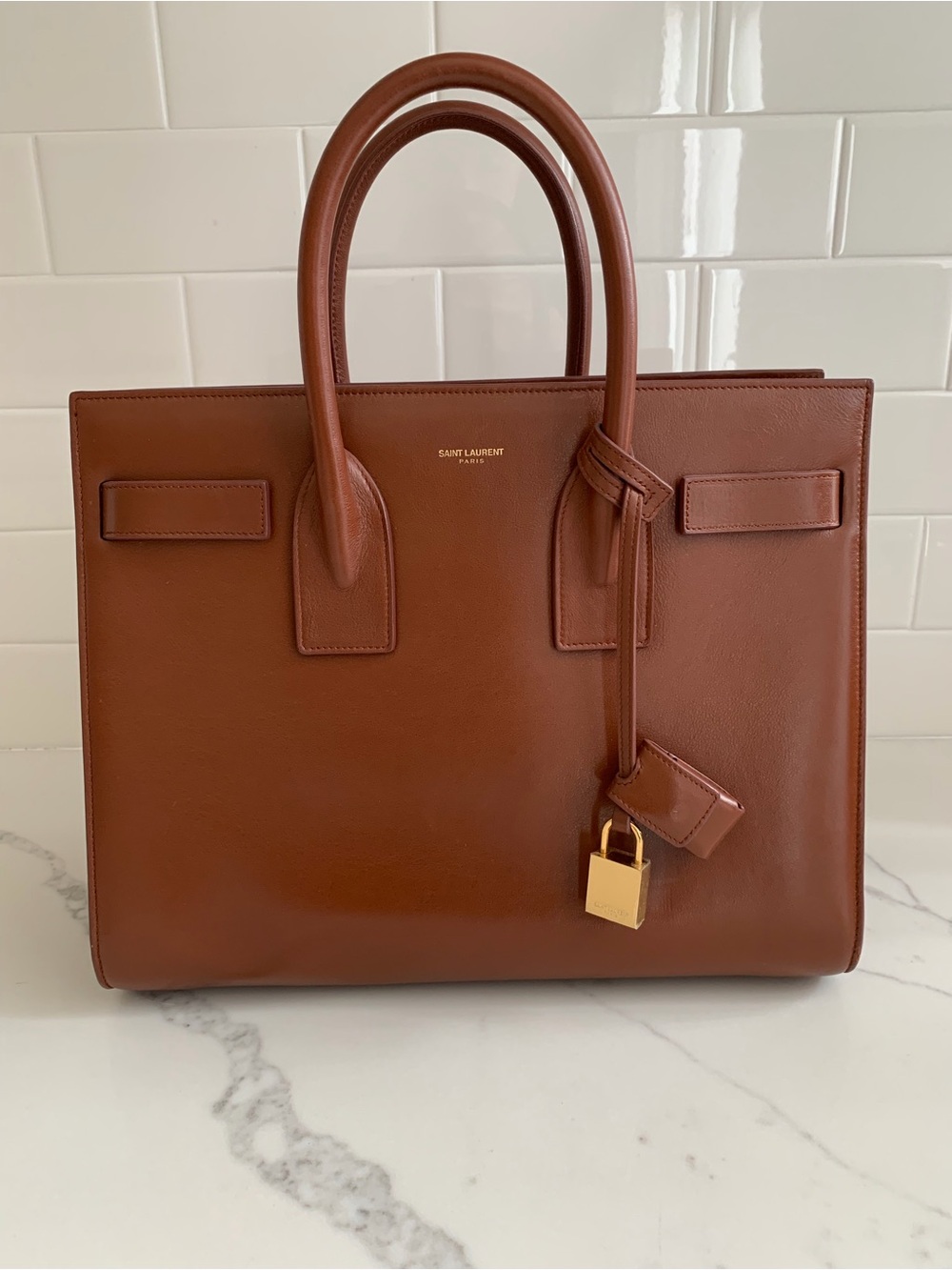 Saint Laurent Chestnut Brown Leather Sac de Jour Satchel with Gold Padlock